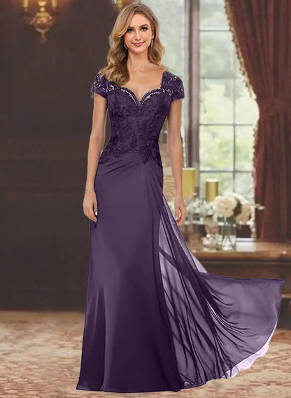 Trumpet/Mermaid Sweetheart Short Sleeves Floor-Length Mother of the Bride Dresses with Appliques Lace