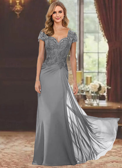 Trumpet/Mermaid Sweetheart Short Sleeves Floor-Length Mother of the Bride Dresses with Appliques Lace