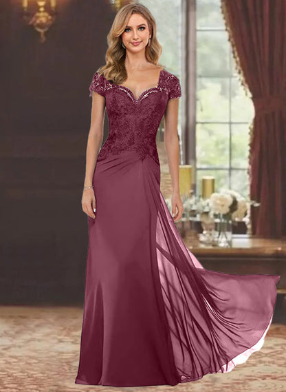 Trumpet/Mermaid Sweetheart Short Sleeves Floor-Length Mother of the Bride Dresses with Appliques Lace