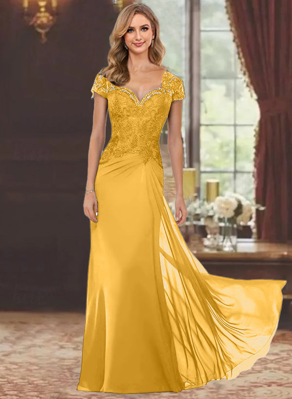 Trumpet/Mermaid Sweetheart Short Sleeves Floor-Length Mother of the Bride Dresses with Appliques Lace