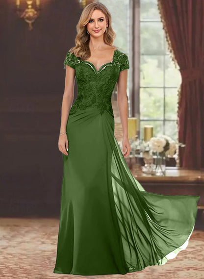 Trumpet/Mermaid Sweetheart Short Sleeves Floor-Length Mother of the Bride Dresses with Appliques Lace