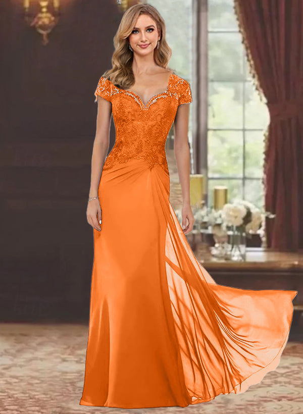 Trumpet/Mermaid Sweetheart Short Sleeves Floor-Length Mother of the Bride Dresses with Appliques Lace