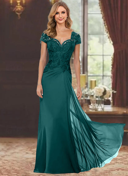 Trumpet/Mermaid Sweetheart Short Sleeves Floor-Length Mother of the Bride Dresses with Appliques Lace