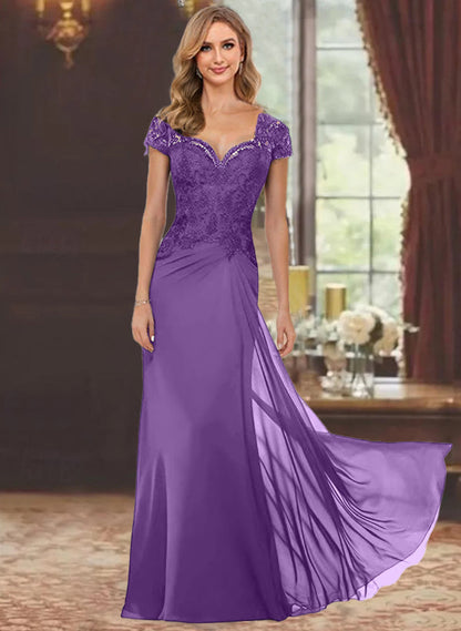 Trumpet/Mermaid Sweetheart Short Sleeves Floor-Length Mother of the Bride Dresses with Appliques Lace