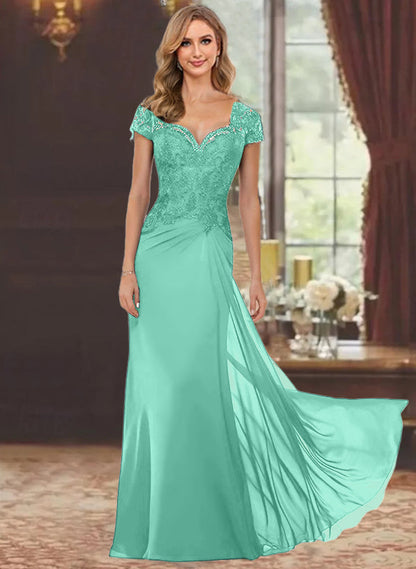 Trumpet/Mermaid Sweetheart Short Sleeves Floor-Length Mother of the Bride Dresses with Appliques Lace