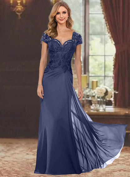 Trumpet/Mermaid Sweetheart Short Sleeves Floor-Length Mother of the Bride Dresses with Appliques Lace