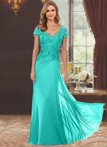 Trumpet/Mermaid Sweetheart Short Sleeves Floor-Length Mother of the Bride Dresses with Appliques Lace