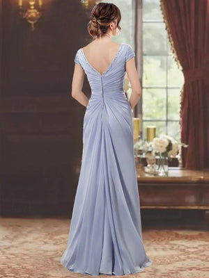 Sheath/Column V-Neck Short Sleeves Floor-Length Mother of the Bride Dresses With Ruffles & Appliques