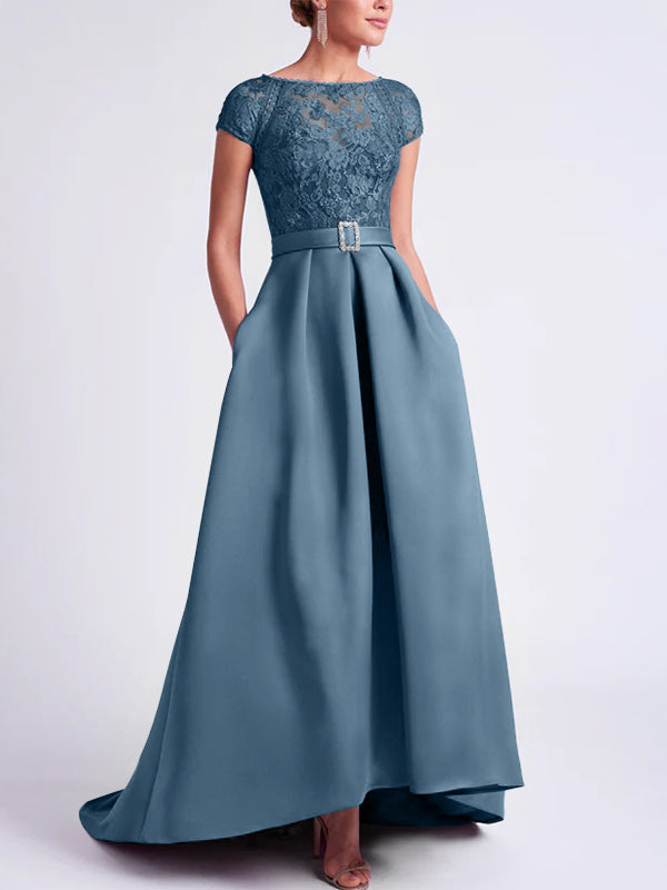 A-Line/Princess Scoop Short Sleeves Ruched Asymmetrical Maternity Bridesmaid Dresses with Ruffles