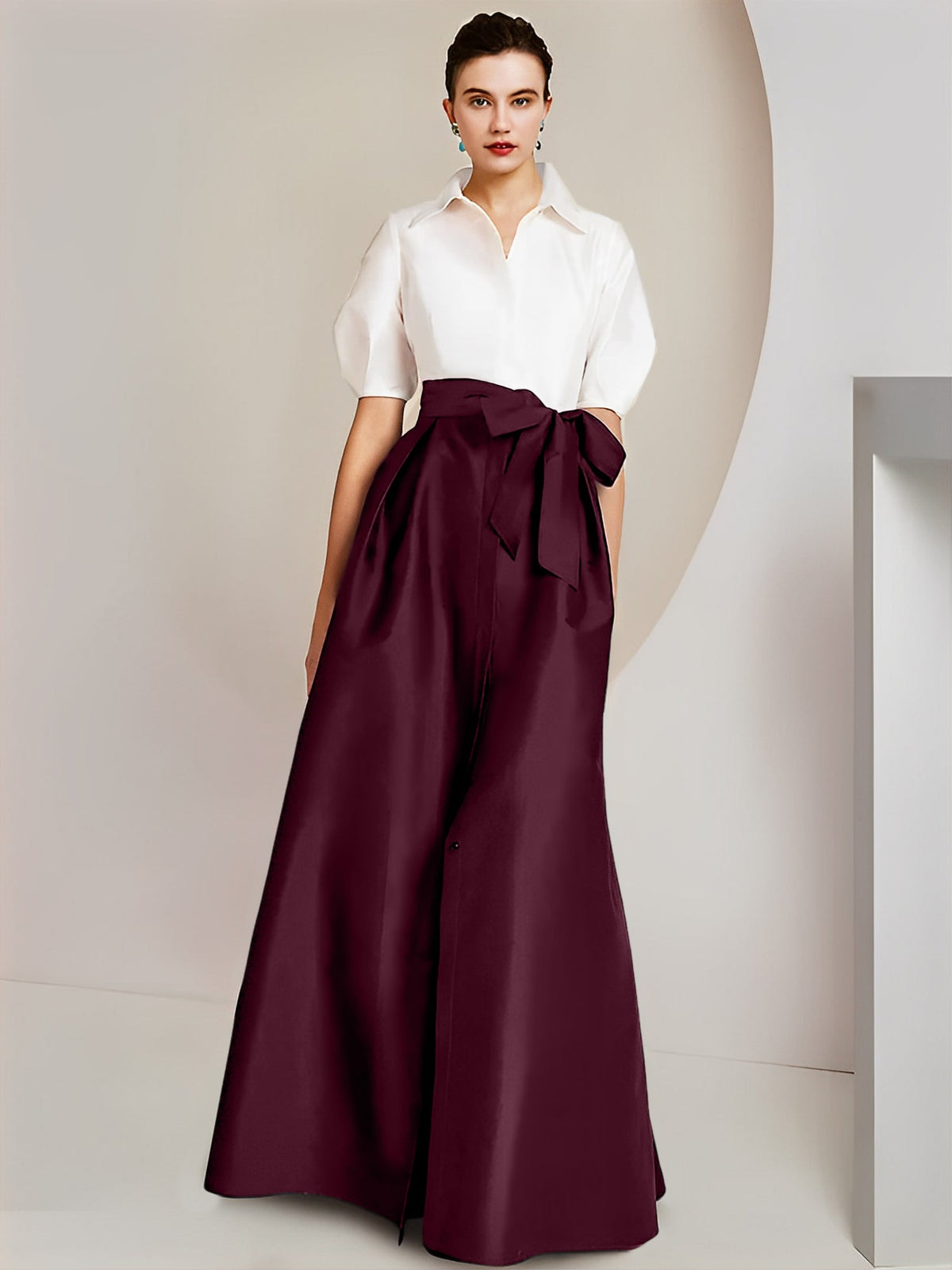 A字型/公主式衬衫领短袖及地两件套系蝴蝶结新娘母亲礼服