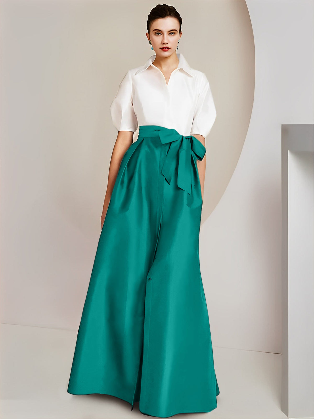 A字型/公主式衬衫领短袖及地两件套系蝴蝶结新娘母亲礼服