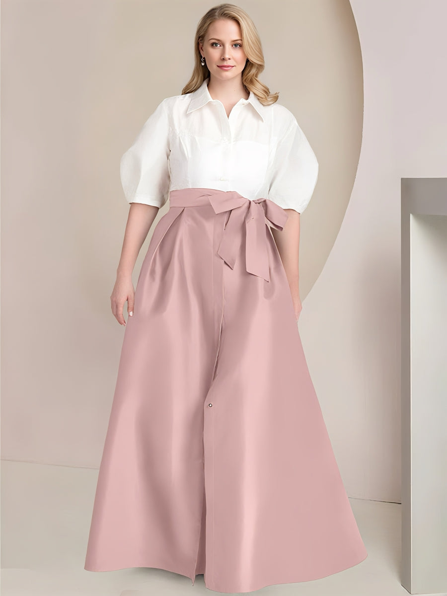 A-Line/Princess Shirt Collar Short Sleeves Floor-Length 2 pieces Plus Size Mother Of The Bride Dresses with Bowknot