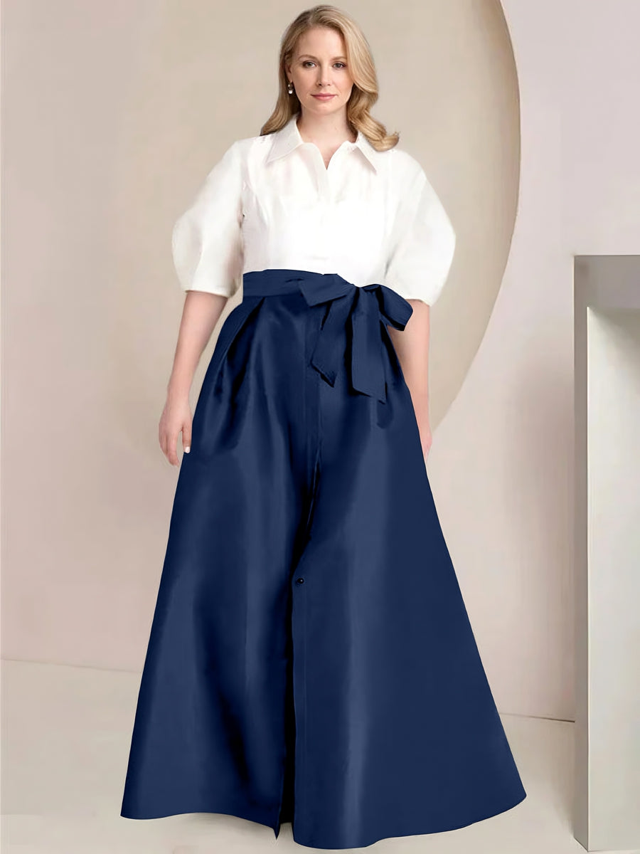 A-Line/Princess Shirt Collar Short Sleeves Floor-Length 2 pieces Plus Size Mother Of The Bride Dresses with Bowknot