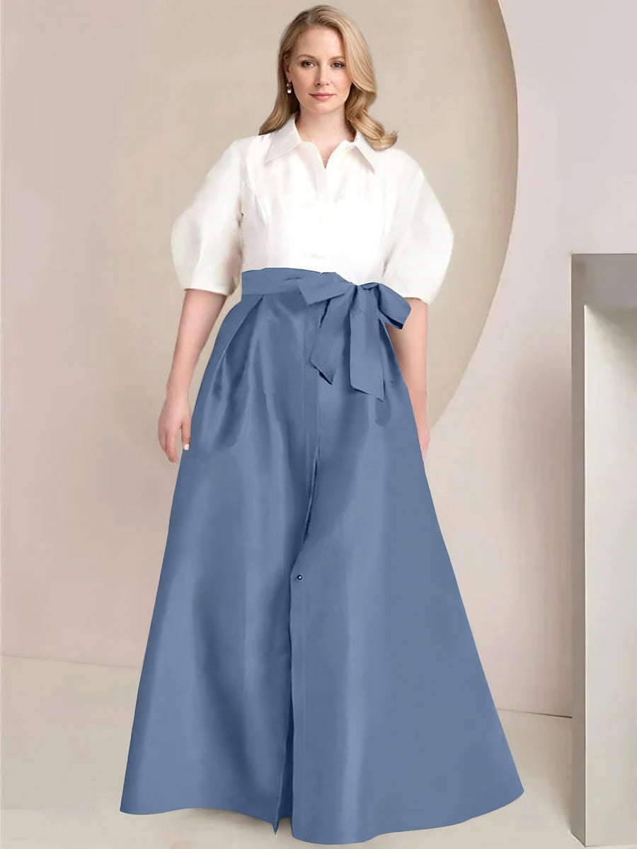 A-Line/Princess Shirt Collar Short Sleeves Floor-Length 2 pieces Plus Size Mother Of The Bride Dresses with Bowknot