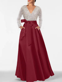 A-Line/Princess Evening Dresses V-Neck Long Sleeves Floor-Length Formal Gown With Pocket & Sequins