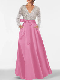 A-Line/Princess Evening Dresses V-Neck Long Sleeves Floor-Length Formal Gown With Pocket & Sequins