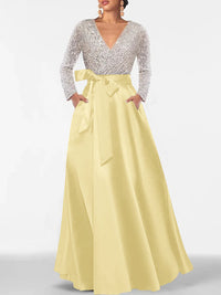 A-Line/Princess Evening Dresses V-Neck Long Sleeves Floor-Length Formal Gown With Pocket & Sequins