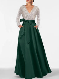 A-Line/Princess Evening Dresses V-Neck Long Sleeves Floor-Length Formal Gown With Pocket & Sequins