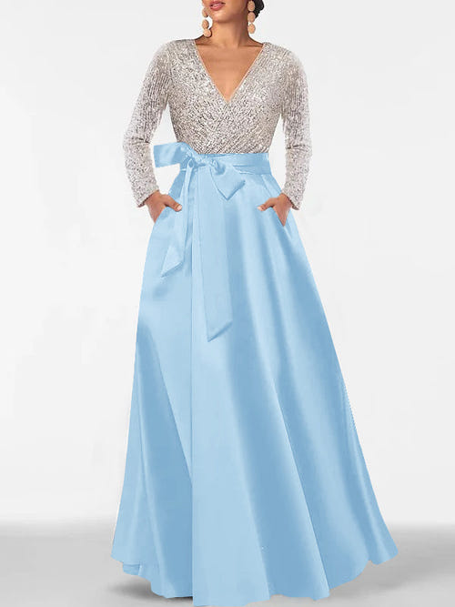 A字型/公主式晚礼服 深V领 长袖 落地长款 正式礼服 带口袋和亮片