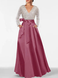 A-Line/Princess Evening Dresses V-Neck Long Sleeves Floor-Length Formal Gown With Pocket & Sequins