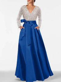 A-Line/Princess Evening Dresses V-Neck Long Sleeves Floor-Length Formal Gown With Pocket & Sequins