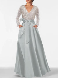 A-Line/Princess Evening Dresses V-Neck Long Sleeves Floor-Length Formal Gown With Pocket & Sequins