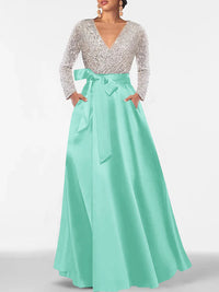 A-Line/Princess Evening Dresses V-Neck Long Sleeves Floor-Length Formal Gown With Pocket & Sequins