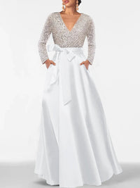 A-Line/Princess Evening Dresses V-Neck Long Sleeves Floor-Length Formal Gown With Pocket & Sequins