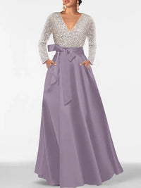 A-Line/Princess Evening Dresses V-Neck Long Sleeves Floor-Length Formal Gown With Pocket & Sequins