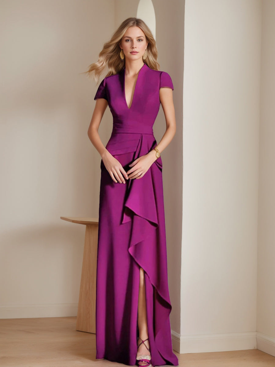Trumpet/Mermaid V-Neck Short Sleeves Floor-Length Mother of the Bride Dresses with Split Side