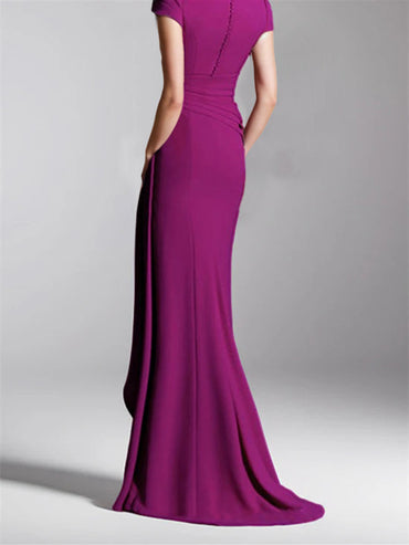 Trumpet/Mermaid V-Neck Short Sleeves Floor-Length Mother of the Bride Dresses with Split Side