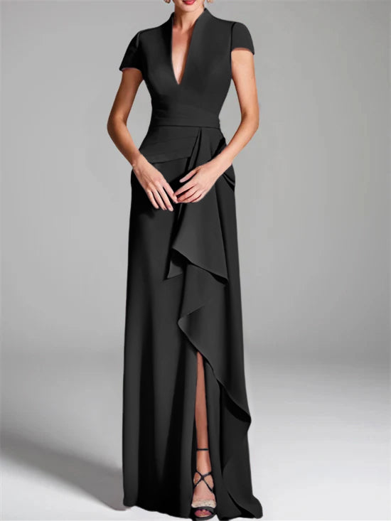 Trumpet/Mermaid V-Neck Short Sleeves Floor-Length Mother of the Bride Dresses with Split Side