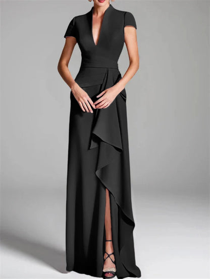 Trumpet/Mermaid V-Neck Short Sleeves Floor-Length Mother of the Bride Dresses with Split Side