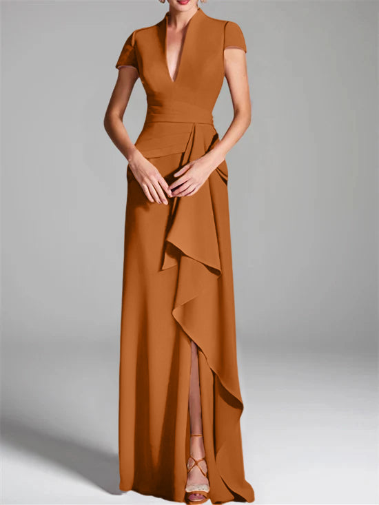 Trumpet/Mermaid V-Neck Short Sleeves Floor-Length Mother of the Bride Dresses with Split Side