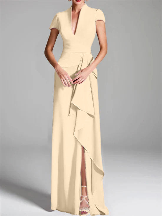 Trumpet/Mermaid V-Neck Short Sleeves Floor-Length Mother of the Bride Dresses with Split Side