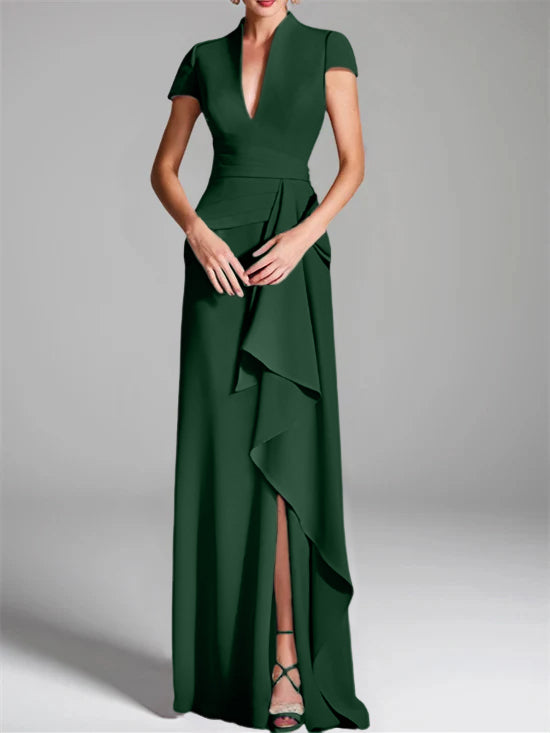 Trumpet/Mermaid V-Neck Short Sleeves Floor-Length Mother of the Bride Dresses with Split Side