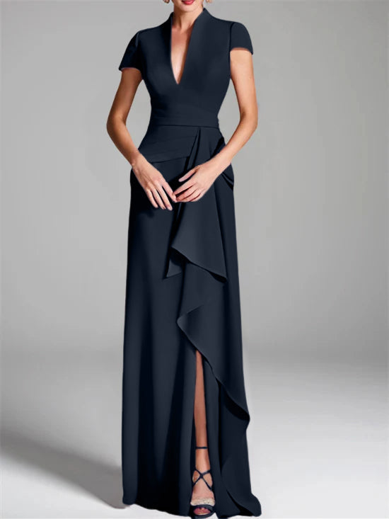 Trumpet/Mermaid V-Neck Short Sleeves Floor-Length Mother of the Bride Dresses with Split Side