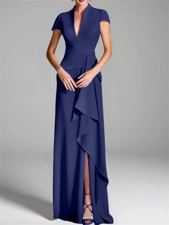 Trumpet/Mermaid V-Neck Short Sleeves Floor-Length Mother of the Bride Dresses with Split Side