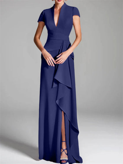 Trumpet/Mermaid V-Neck Short Sleeves Floor-Length Mother of the Bride Dresses with Split Side