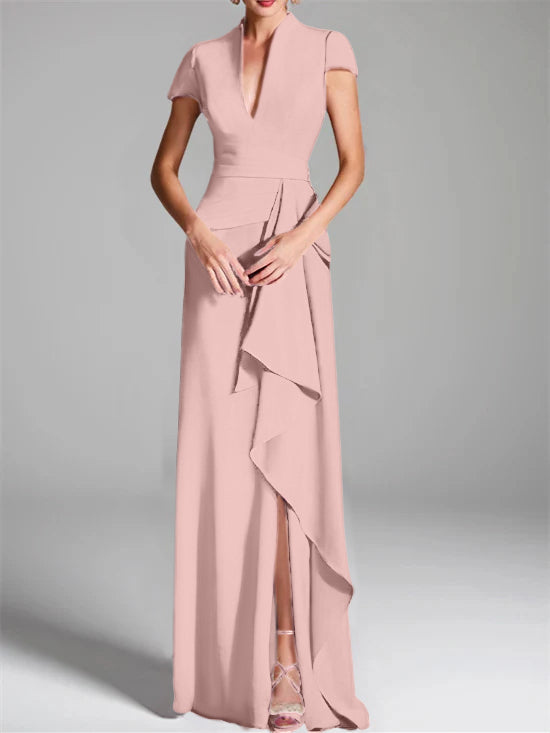 Trumpet/Mermaid V-Neck Short Sleeves Floor-Length Mother of the Bride Dresses with Split Side