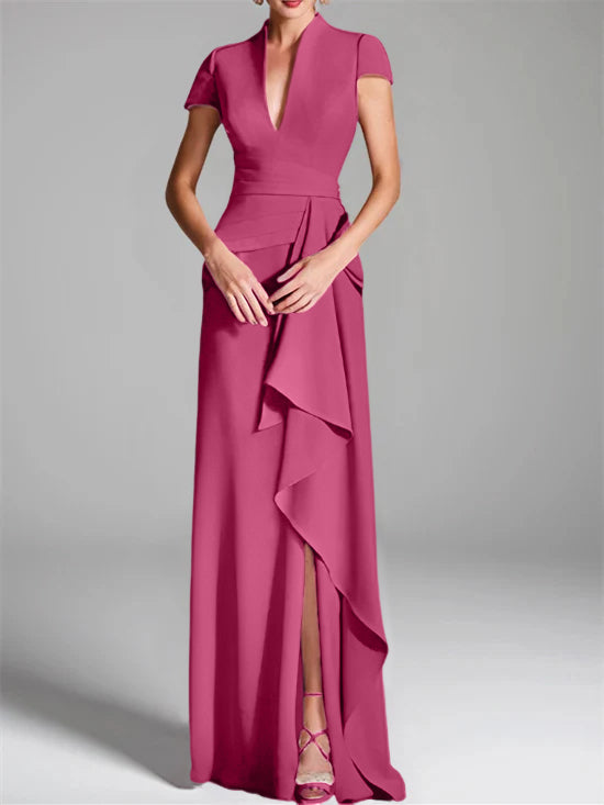 Trumpet/Mermaid V-Neck Short Sleeves Floor-Length Mother of the Bride Dresses with Split Side