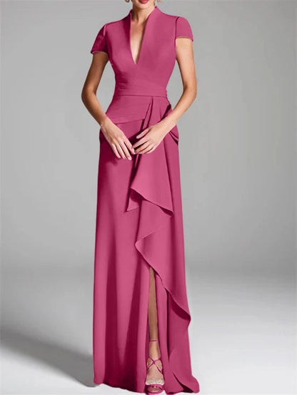 Trumpet/Mermaid V-Neck Short Sleeves Floor-Length Mother of the Bride Dresses with Split Side