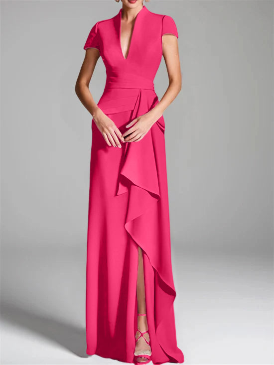 Trumpet/Mermaid V-Neck Short Sleeves Floor-Length Mother of the Bride Dresses with Split Side