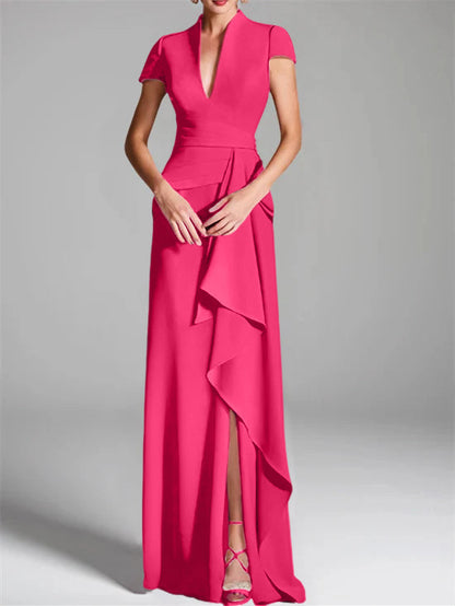 Trumpet/Mermaid V-Neck Short Sleeves Floor-Length Mother of the Bride Dresses with Split Side