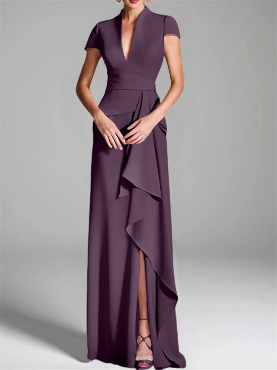 Trumpet/Mermaid V-Neck Short Sleeves Floor-Length Mother of the Bride Dresses with Split Side