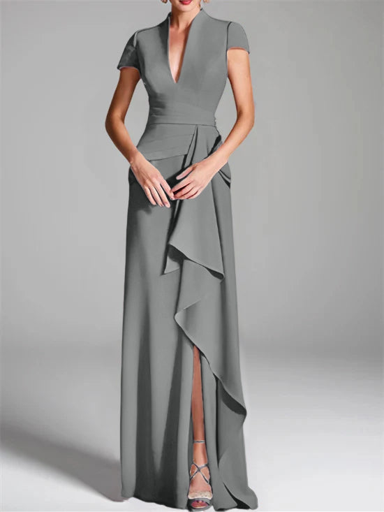 Trumpet/Mermaid V-Neck Short Sleeves Floor-Length Mother of the Bride Dresses with Split Side