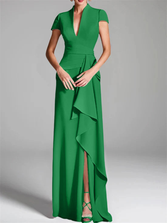 Trumpet/Mermaid V-Neck Short Sleeves Floor-Length Mother of the Bride Dresses with Split Side
