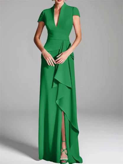 Trumpet/Mermaid V-Neck Short Sleeves Floor-Length Mother of the Bride Dresses with Split Side
