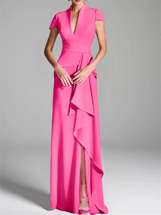Trumpet/Mermaid V-Neck Short Sleeves Floor-Length Mother of the Bride Dresses with Split Side