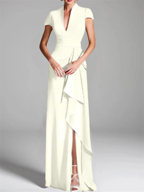 Trumpet/Mermaid V-Neck Short Sleeves Floor-Length Mother of the Bride Dresses with Split Side